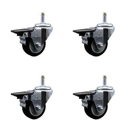 Service Caster 3'' Black Poly Swivel 7/16'' Grip Ring Stem Caster Set with Brake, 4PK SCC-GR20S314-PPUB-BLK-PLB-716138-4